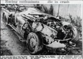 The newspaper article covering the fatal accident.  Picture show the wreckage of the Daimler SP 250.  The accident occurred on the corner of Johns and Gardners Roads, Christchurch